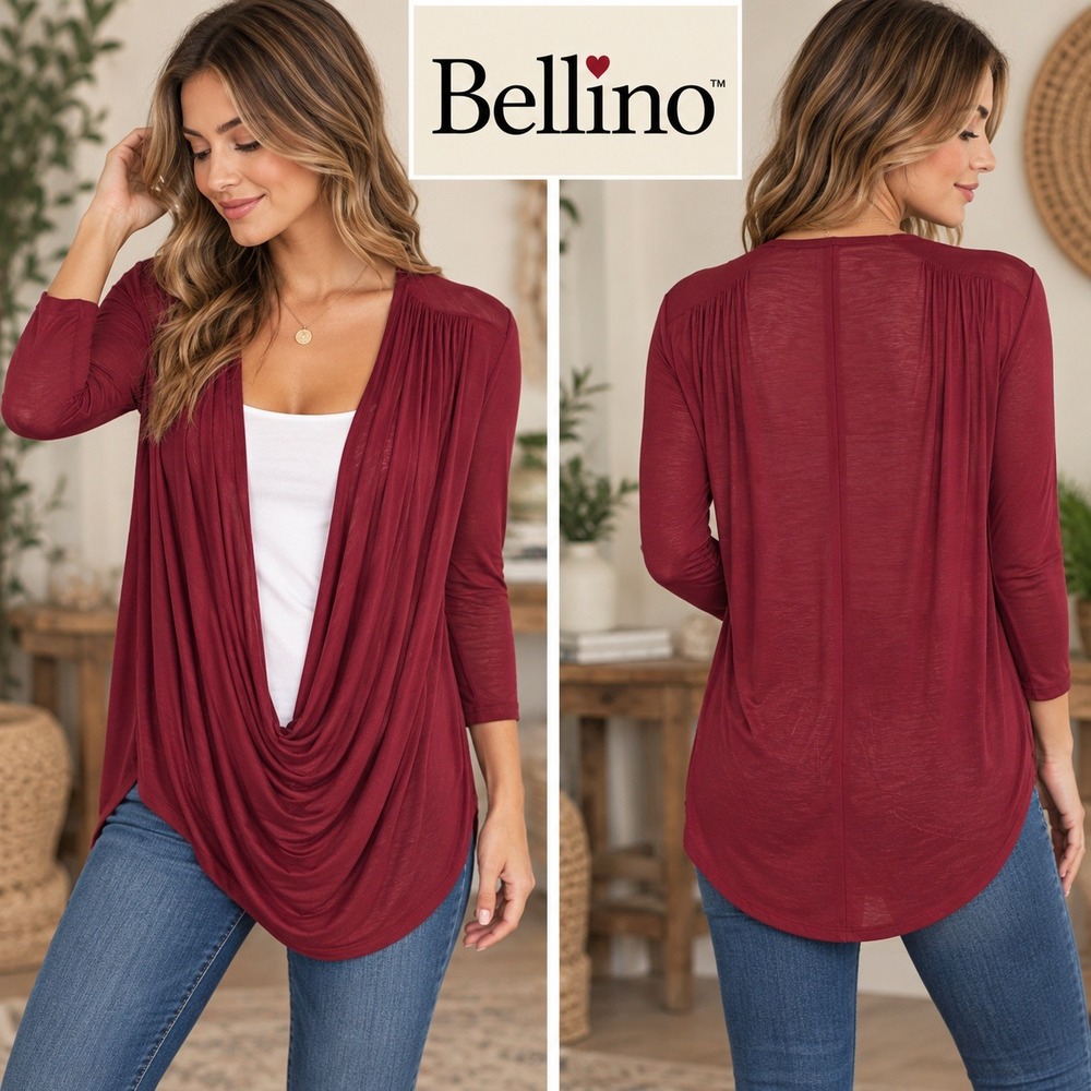Bellino USA Burgundy Draped Open Front Blouse Pleated Shoulder Top Size XL